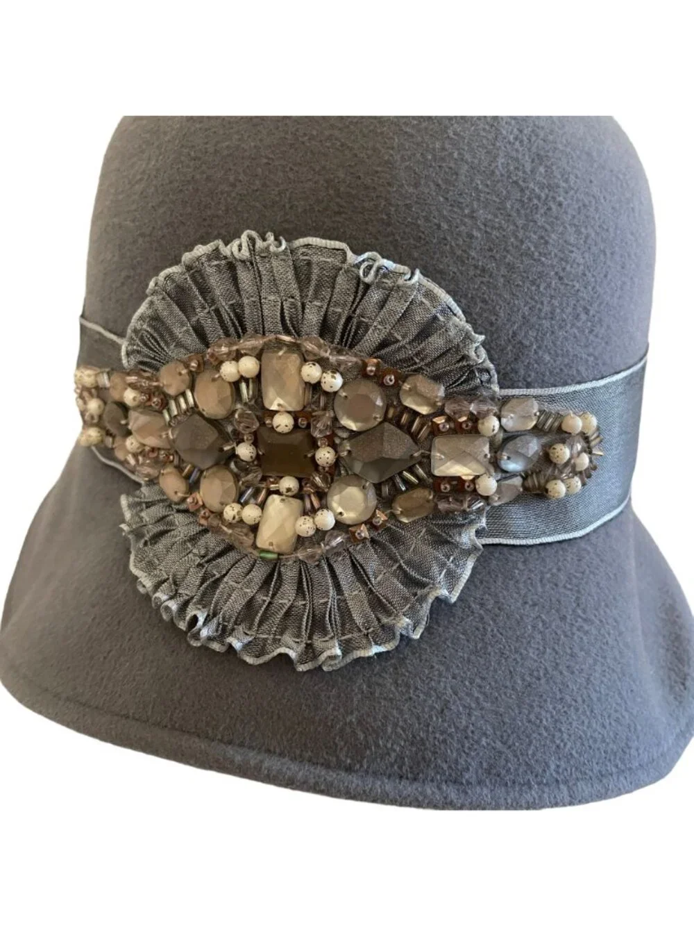 Louise Green Beaded Gray Felt Cloche Hat With Satin Band & Embellished Detailing